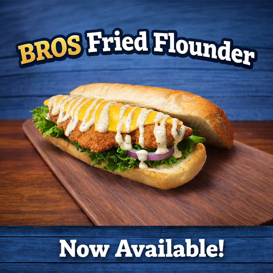 Now available — the BROS Fried Flounder sandwich
