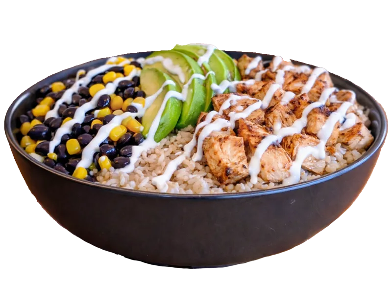 BROS Veggie Bowl with brown rice, black beans, corn and avocado